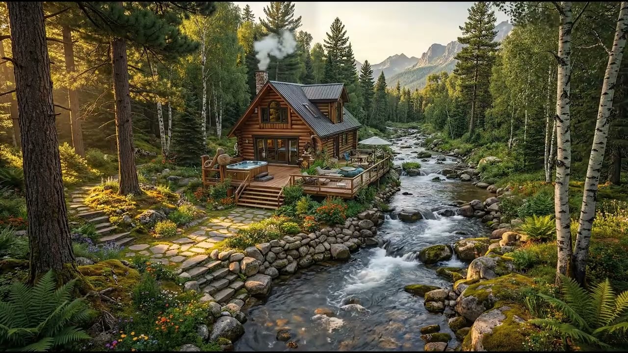 Peaceful Forest Cabin Ambience | Flowing Stream and Cozy Mountain Escape
