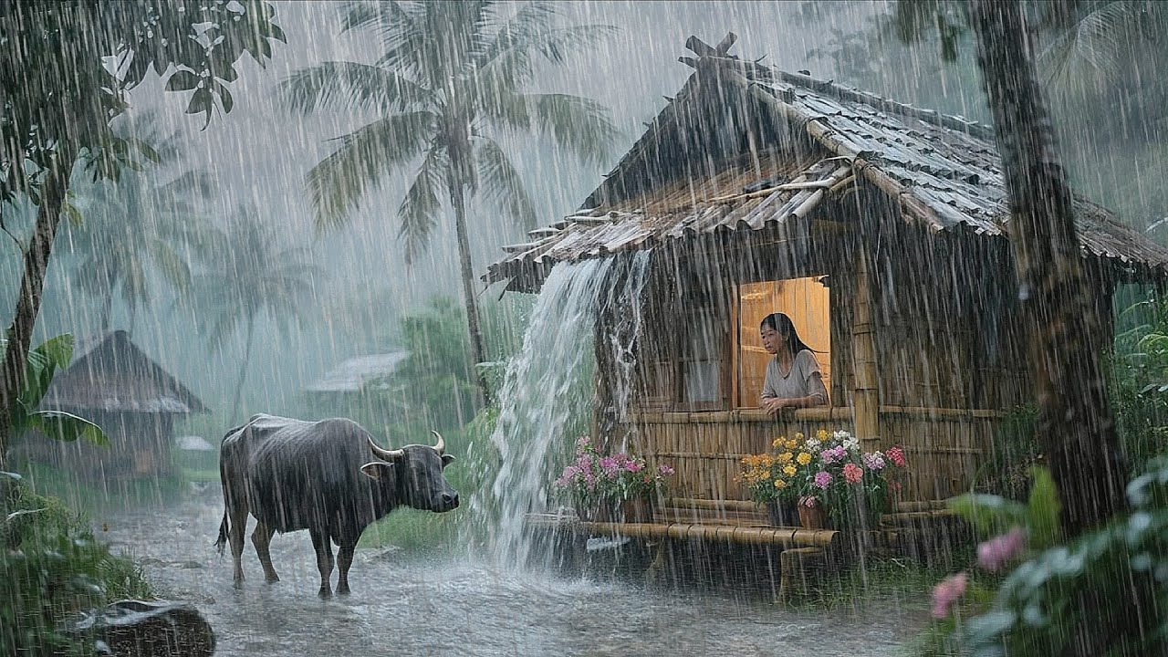 Heavy Rain & Strong Winds in a Quiet Indonesian Village | Walking in the Rain |  Feel the serenity