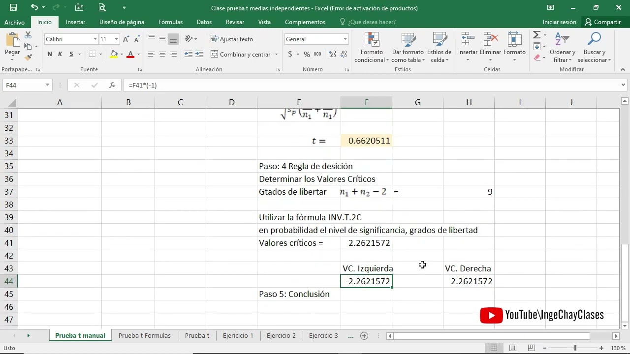 Lección Prueba t Student comparar medias independientes en Excel