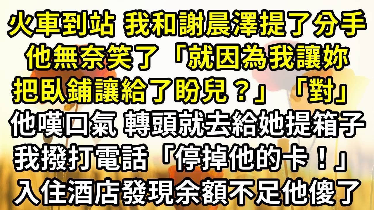 火車到站，我和謝晨澤提了分手。他無奈笑了「就因為我讓妳把臥鋪讓給了盼兒？」「對」他嘆口氣 轉頭就去給她提箱子，我撥打電話「停掉他的卡！」入住酒店發現余額不足他傻了