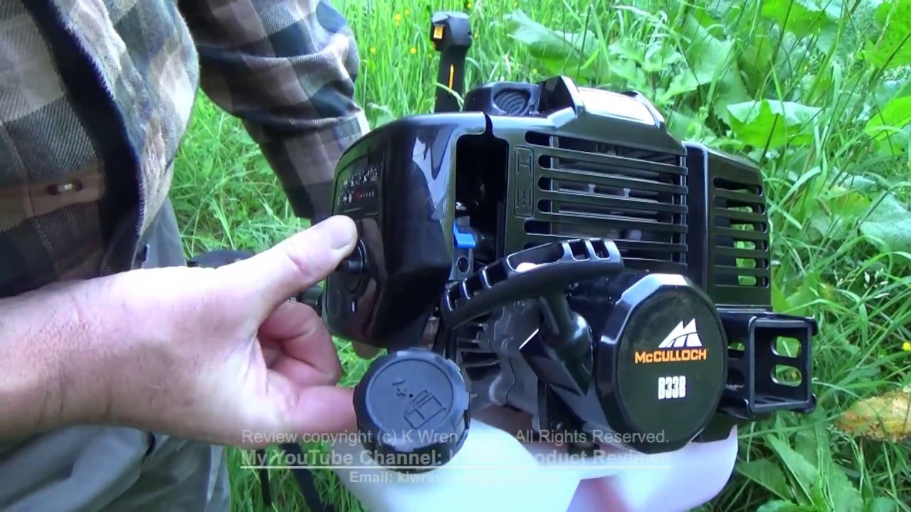 Review and demonstration of McCulloch B33B Petrol Brush Cutter with bullhorn handle