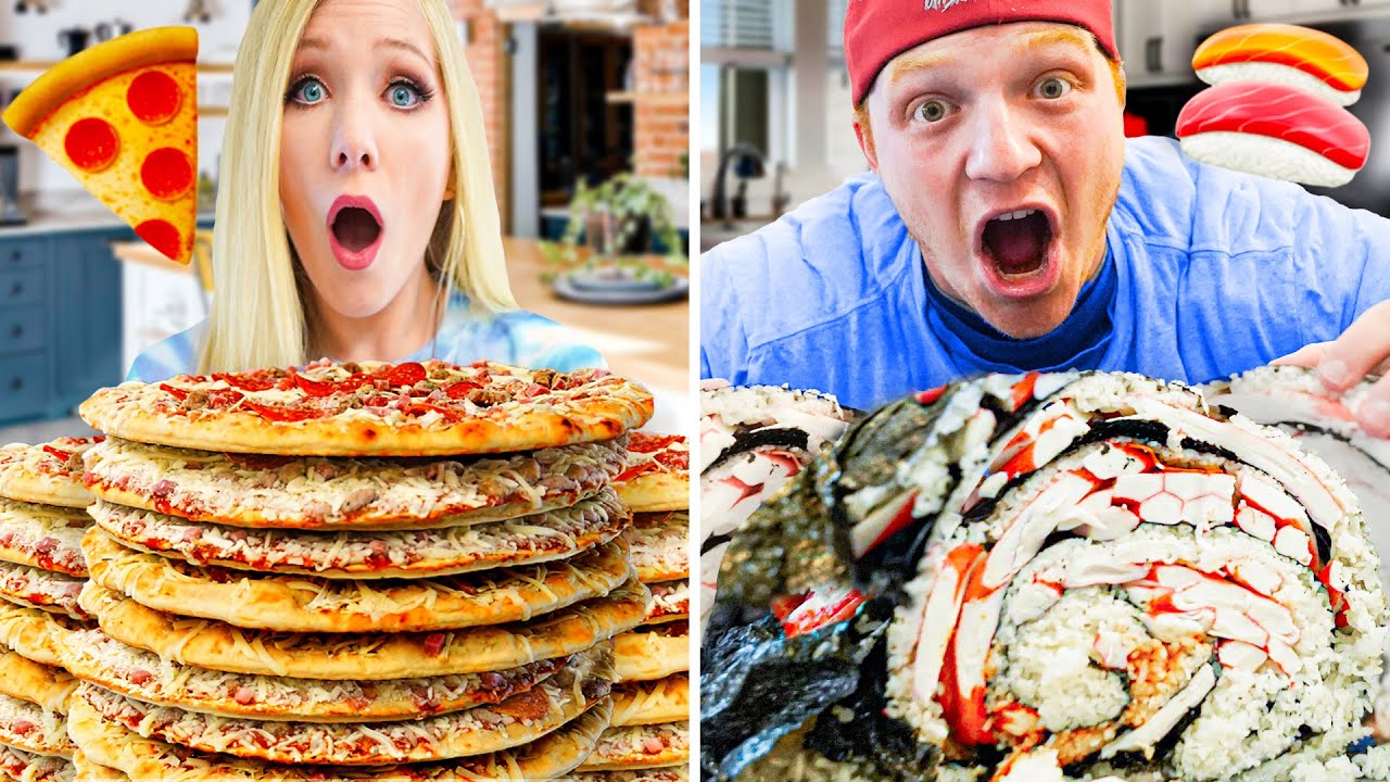 100 Layers of Pizza vs 100 Layers of Sushi Challenge ft. Unspeakable!