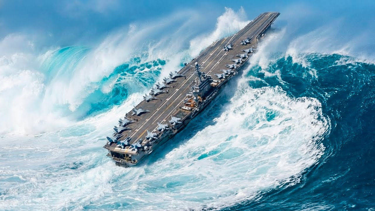 Aircraft Carrier Ship Faces Colossal Tsunami in the Open Sea (Ultra-Realistic Simulation)