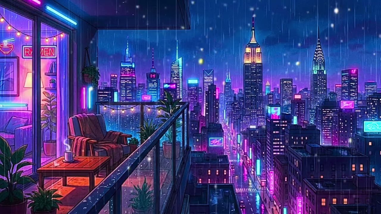 Neon New York Balcony 🌧️ Deep Focus Lofi for Night Work & Study ☔️ Rainy City Vibes