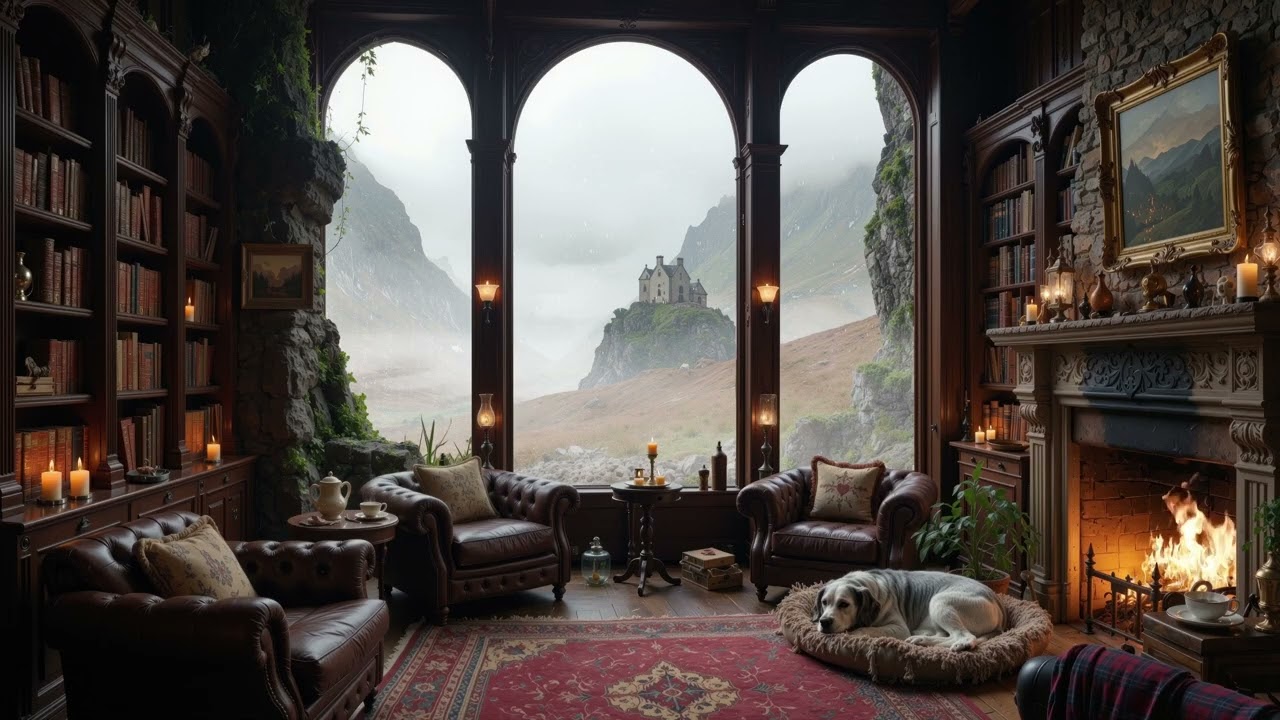 Scottish Ambience – Cozy Highlands Library Fireplace with Celtic Music, Rain & Crackling Fire