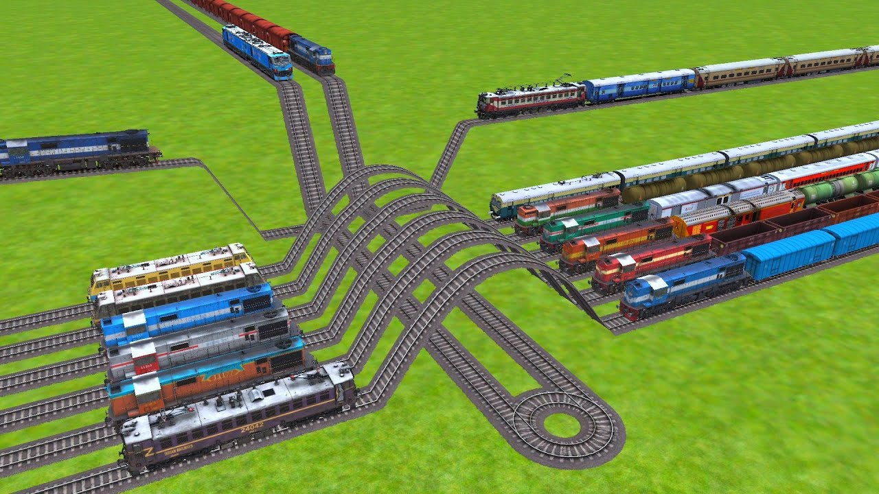 ALL LOCOMOTIVE COUPLING TRAINS CROSSING AT DAIMOND RAILROAD TRACKS ZIG ZAG TRACKS/ train wold5 