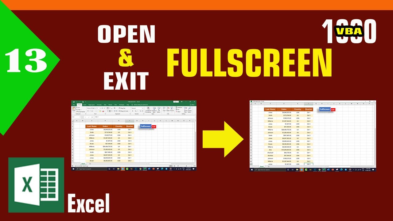 #13- Open and Exit Full screen in Excel VBA code | Learn Excel VBA code | MsOffice Learning