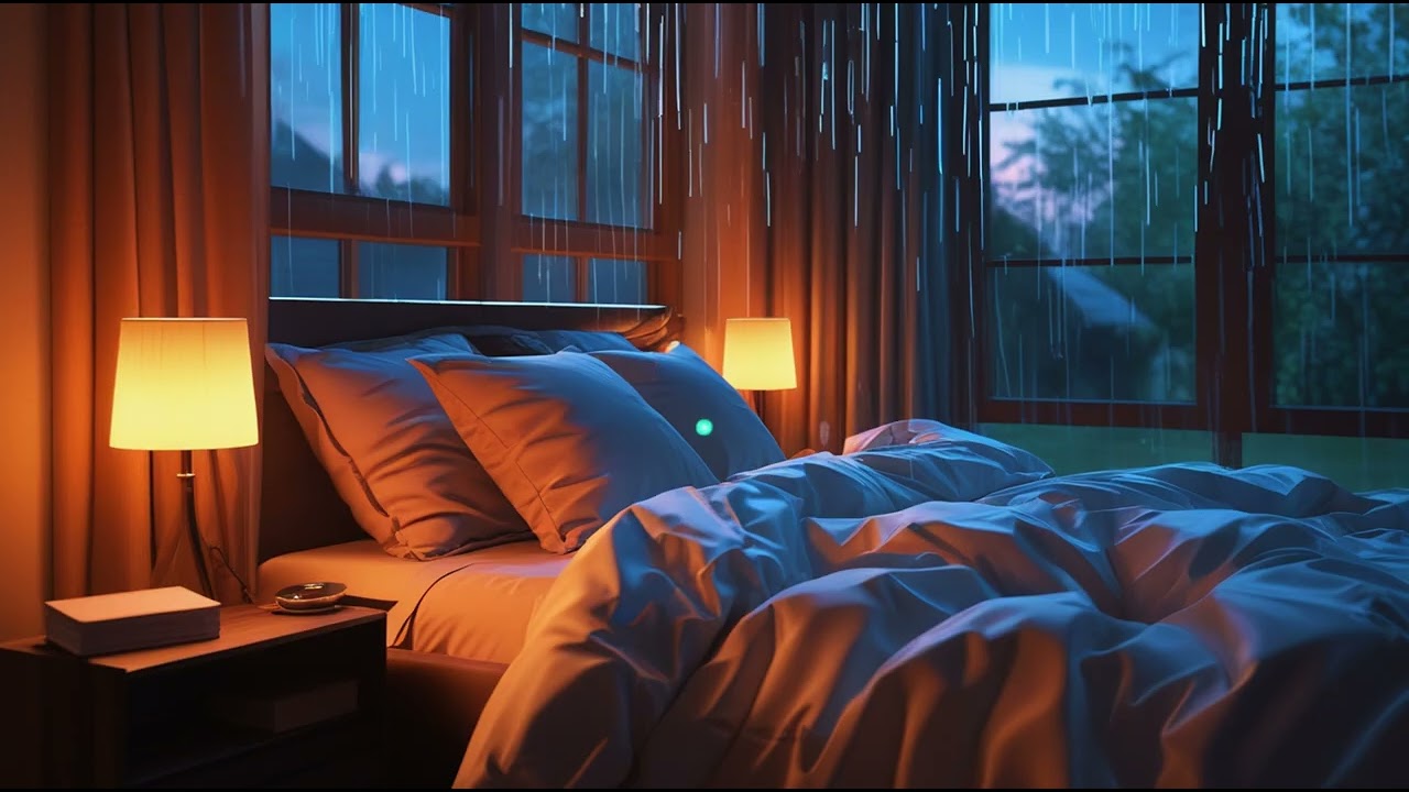 Peaceful Sound of Rain In The Evening & Relaxing Piano Music | Warm Bedroom for Sleep, Stress Relief