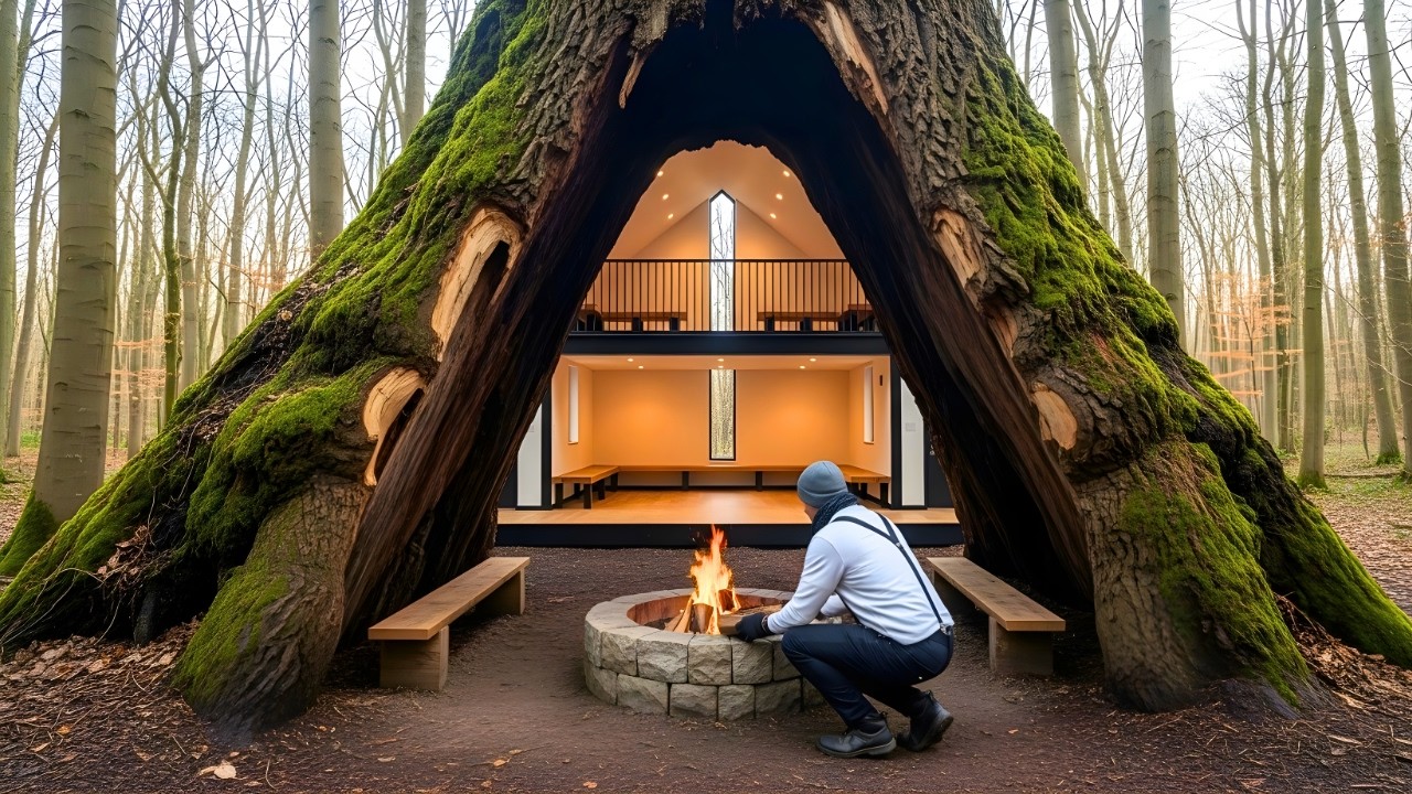 No one expected this! This guy secretly builds a two-story treehouse in the wilderness (ASMR)