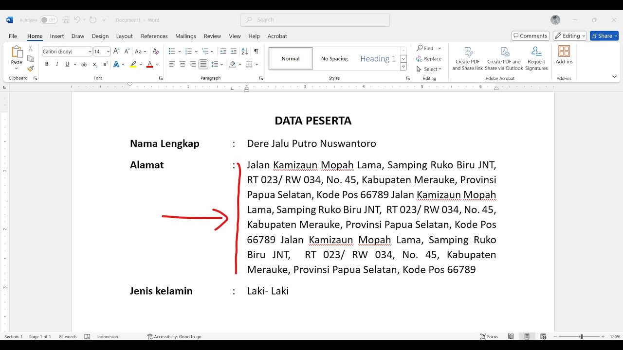 Perataan tanda titik dua dan perataan isi data ketika lebih dari satu baris Microsoft Word