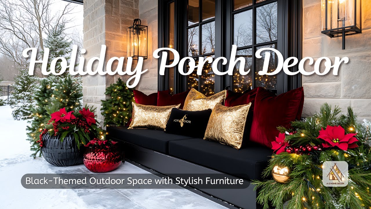Holiday Porch Decor: Black-Themed Outdoor Space with Stylish Furniture