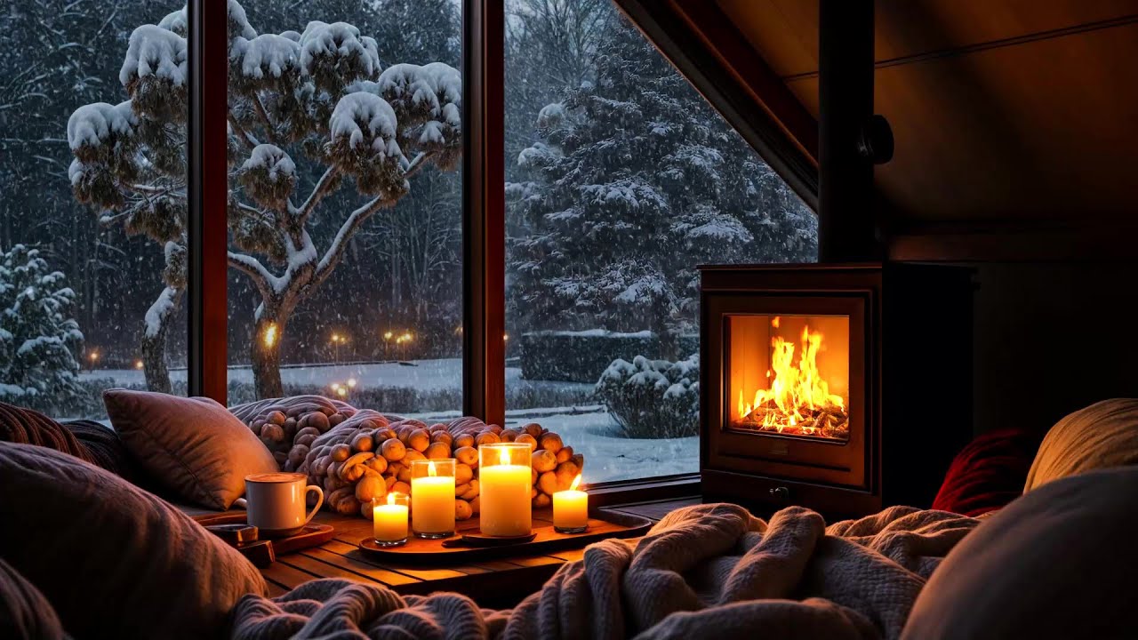 Cozy Winter Cabin Ambience with Fireplace & Snowfall | Relaxing Background Atmosphere