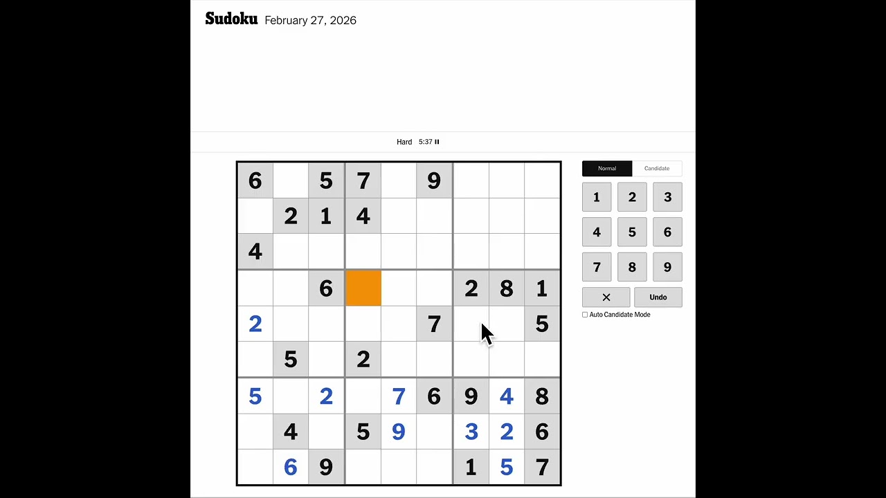 New York Times Sudoku Hard Solution for February 27, 2026: Solving without Markings