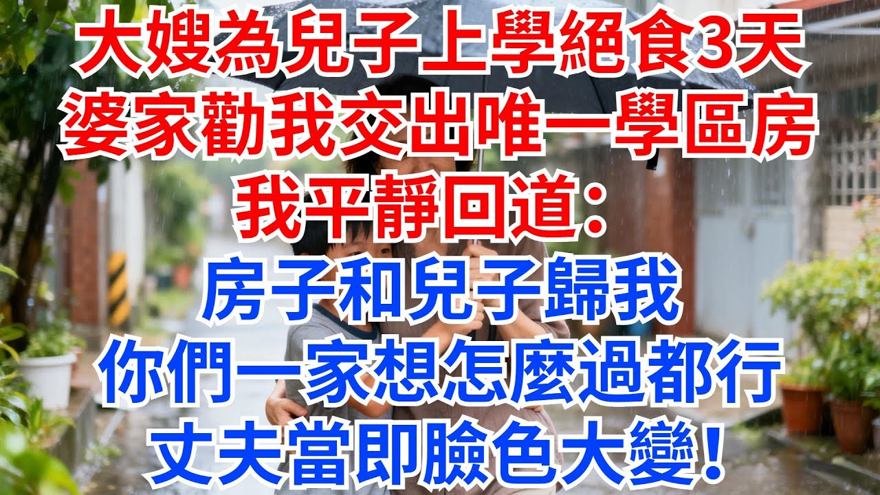 大嫂為兒子上學絕食3天，婆家勸我交出手中唯一學區房，我平靜回道：房子和兒子歸我，你們一家想怎麽過都行，丈夫當即臉色大變！#情感故事 #故事分享 #家庭矛盾 #婆媳 #大嫂