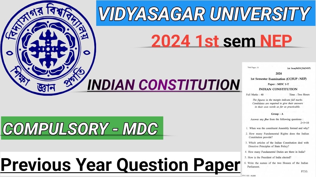 Vidyasagar University 2024 1st Sem NEP | Indian Constitution MDC | Previous Year Question Paper |