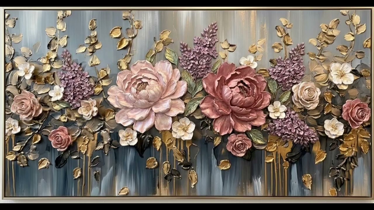 Sculpted blooms & shimmering gold: A textured 3D floral masterpiece. Luxury TV Screen 💖
