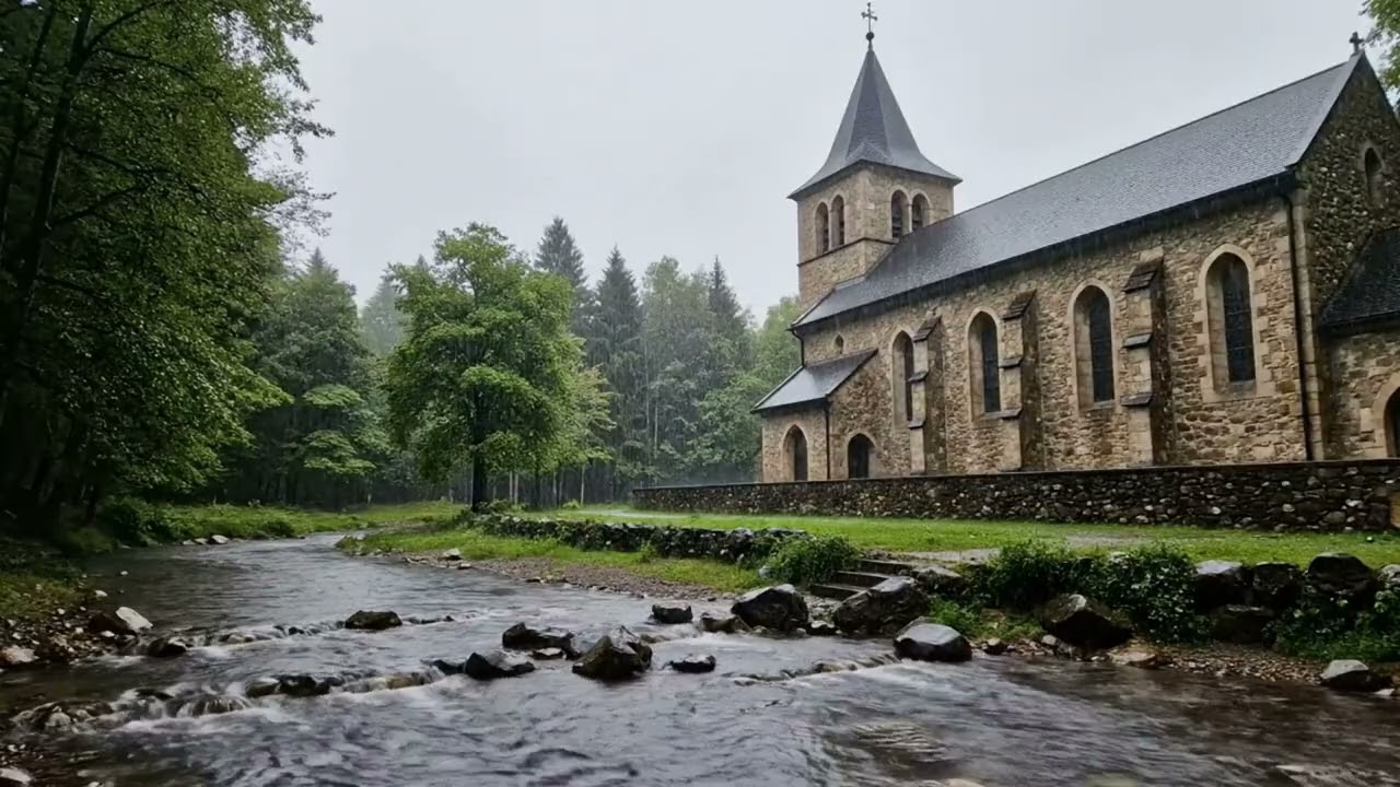 Peaceful Rain by a Stone Church and Riverside  Relaxing ASMR Rain Sounds for Sleep & Study