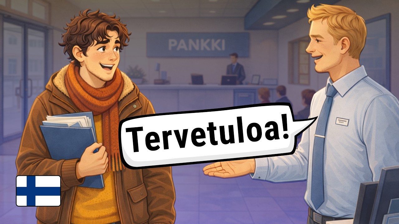 First Visit to a Finnish Bank – Real Finnish Conversation Listening Practice for Beginner (subtitle)