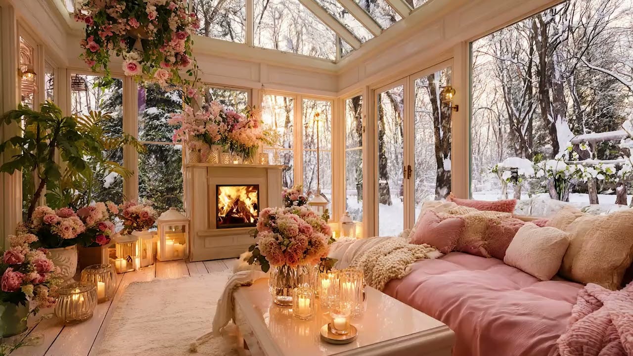 Natural Snow Wind and Fireplace Fire Sounds for Relaxation, Focus and Stress Release