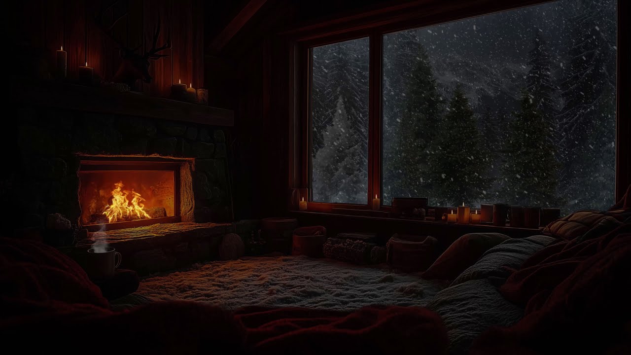 ❄️🔥 Warm Cabin Living Room on a Snowy Night | Soft Fireplace Sounds for Fast and Deep Sleep