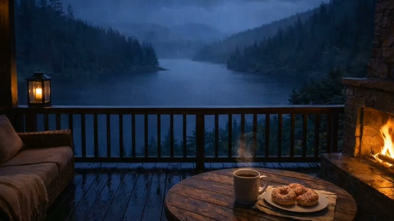 Relaxing Heavy Rain Overlooking a Quiet Lake 🌧️ Cozy Porch at Night