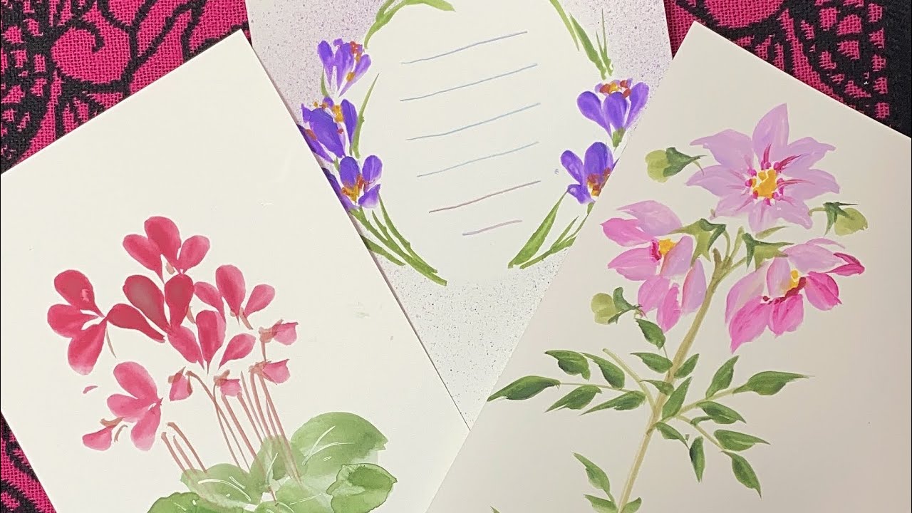 【11月〜晩秋の花、ハガキ絵】皇帝ダリア、シクラメン、サフランを描く　ほのぼの一筆画40😃2021
