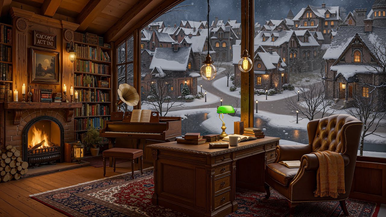 Soft Chamber Jazz for Winter Evenings – Warm Wooden Library Jazz with Fireplace and Quiet Snowfall