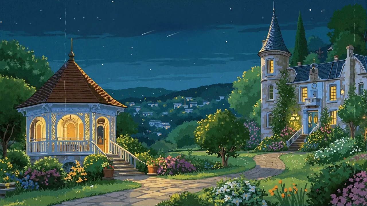 Vintage Oldies Playing in Another Room — Moonlit Garden, Warm Lights, Quiet Night Escape
