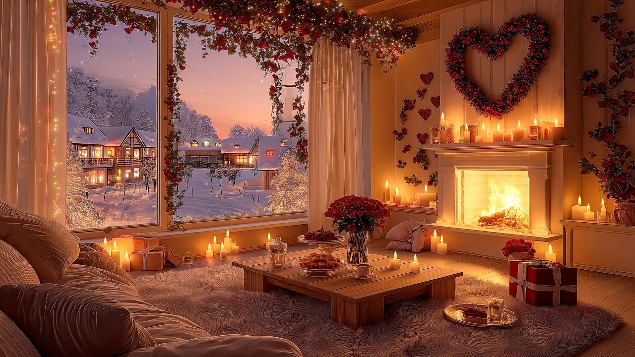 Peaceful Winter Sunset in a Cozy Room🔥Piano Music & Crackling Fireplace Sounds for Relax & Sleep