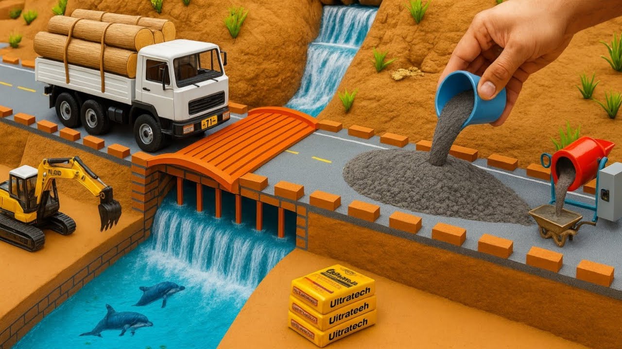 Mini Cement Road & Bridge Construction | DIY Road Building with Truck and Tractor