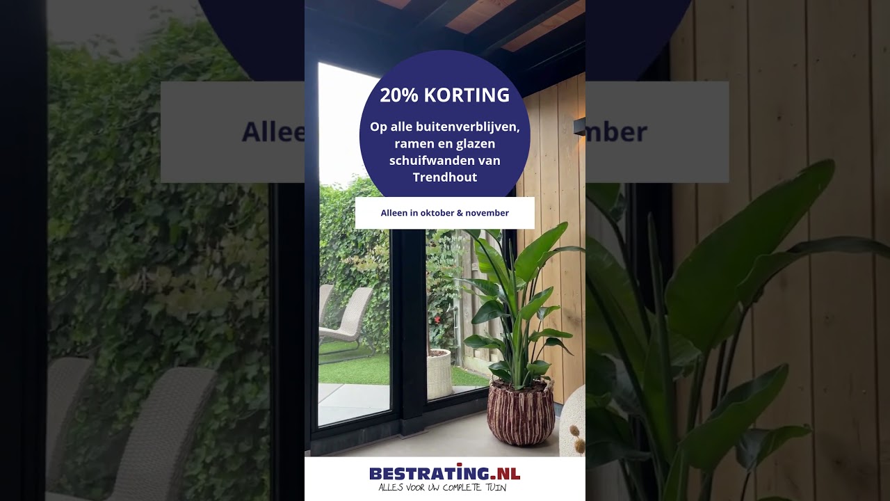 20% KORTING op buitenverblijv kapschuren, carports en glazen en schuifwanden van Trendhout