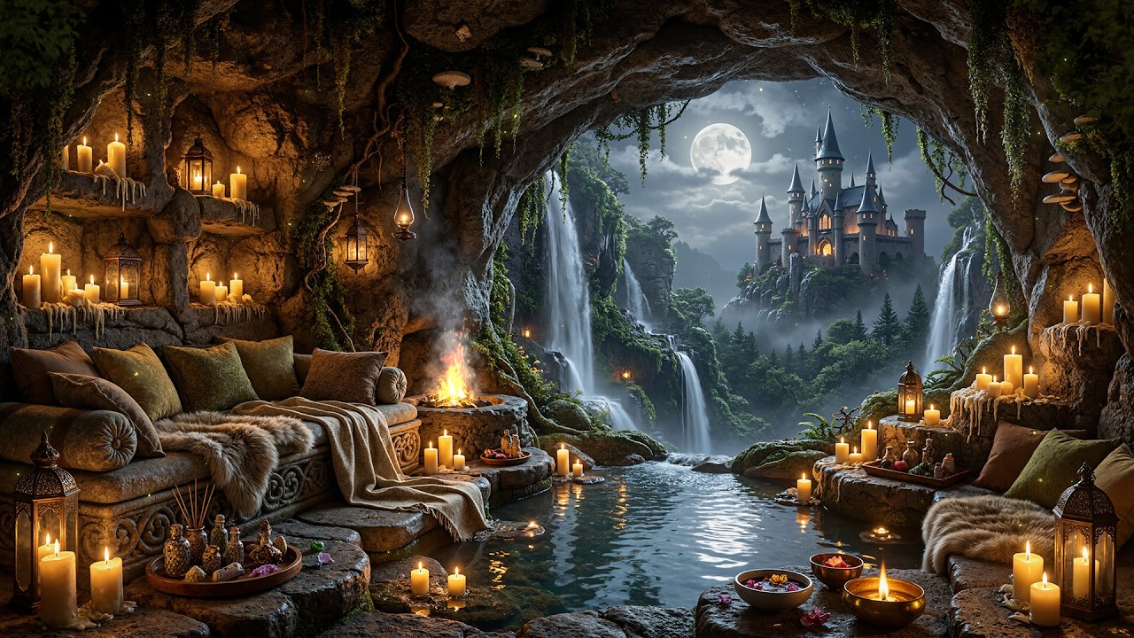 Hidden Fantasy Cave by the Waterfall | Relaxing Castle, Waterfalls & Cozy Fire Ambience