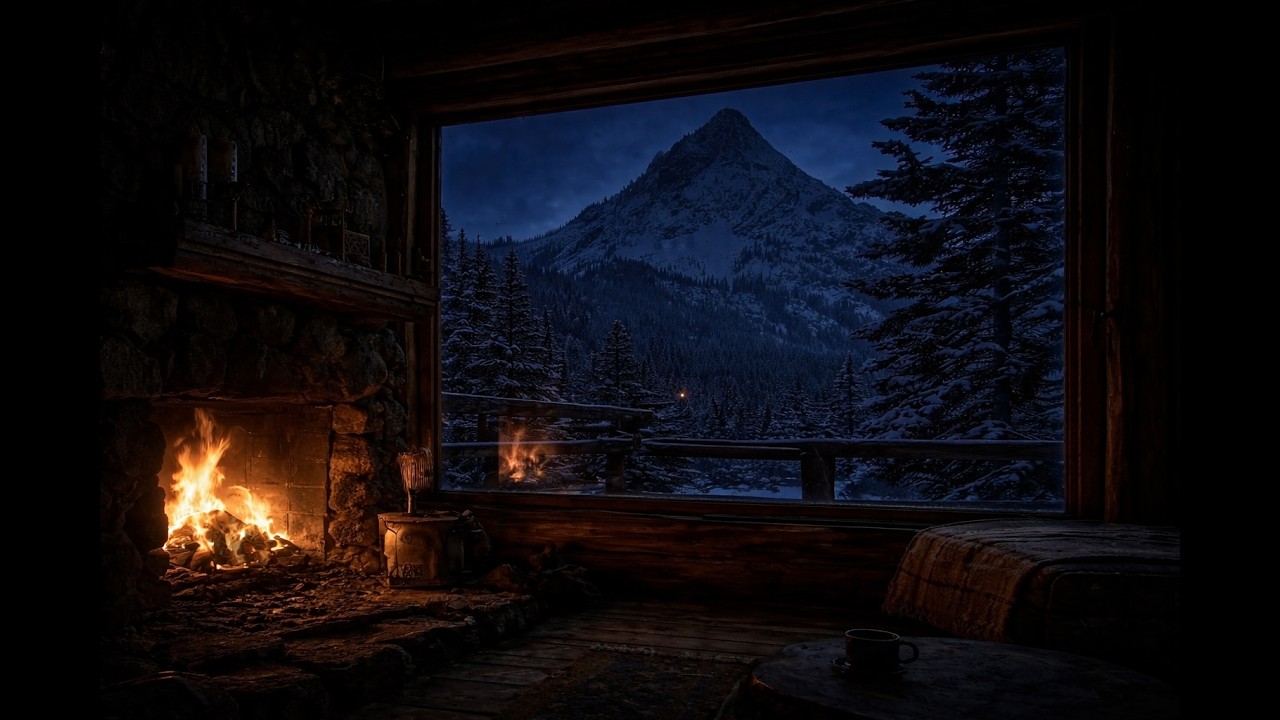 🔥 Cozy Cabin Fireplace at Night ❄️ | Snowy Mountain Window Ambience for Sleep & Relaxation
