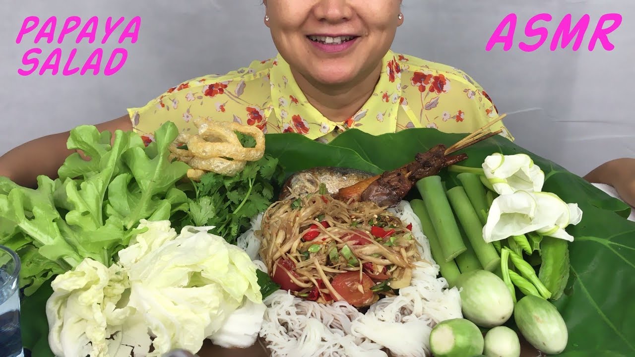 ASMR Papaya Salad | กินส้มตำไก่ย่าง | Eating Sounds | Light Whispers | Nana Eats