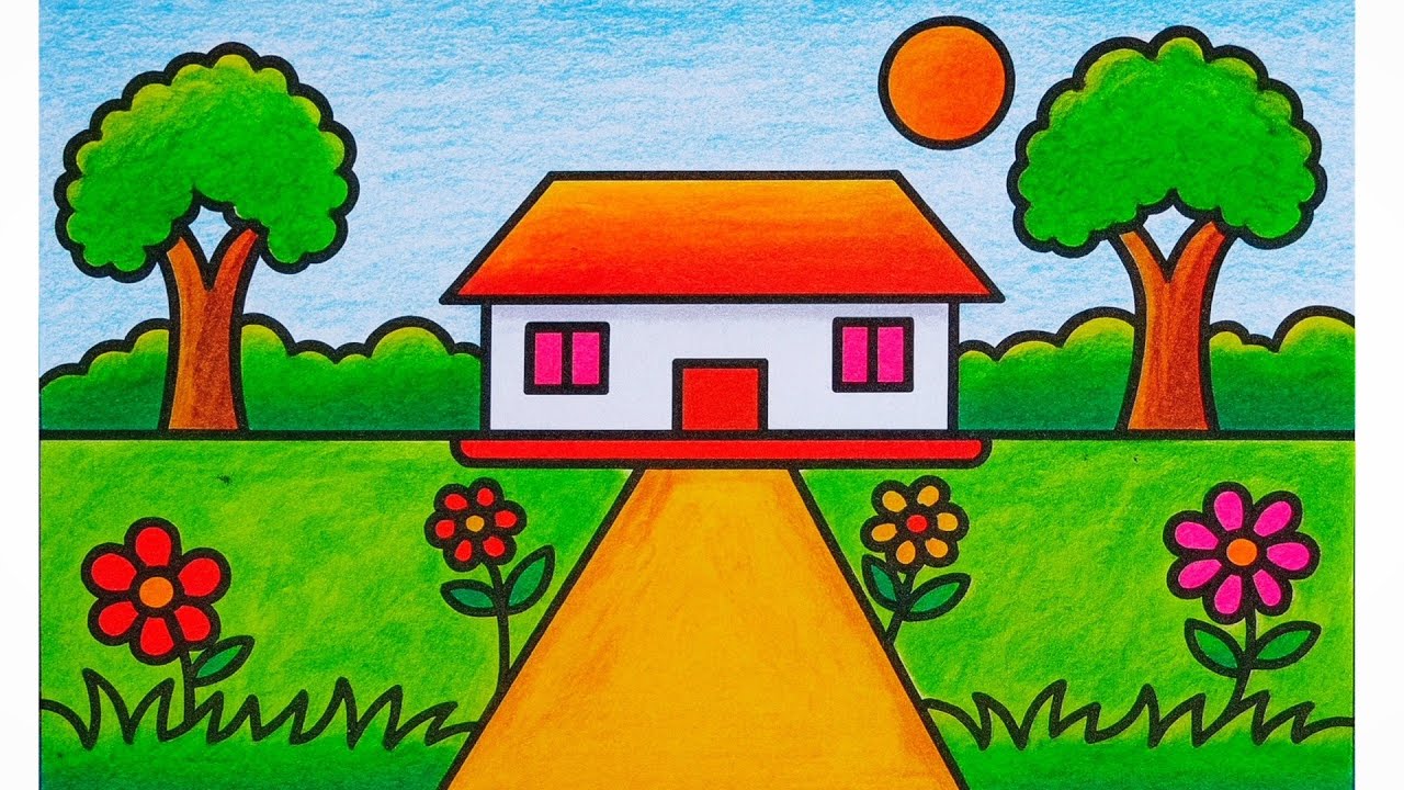 Simple village scenery drawing/How to draw village scenery/Koushole Deisso aka sikhun/Easy Technique