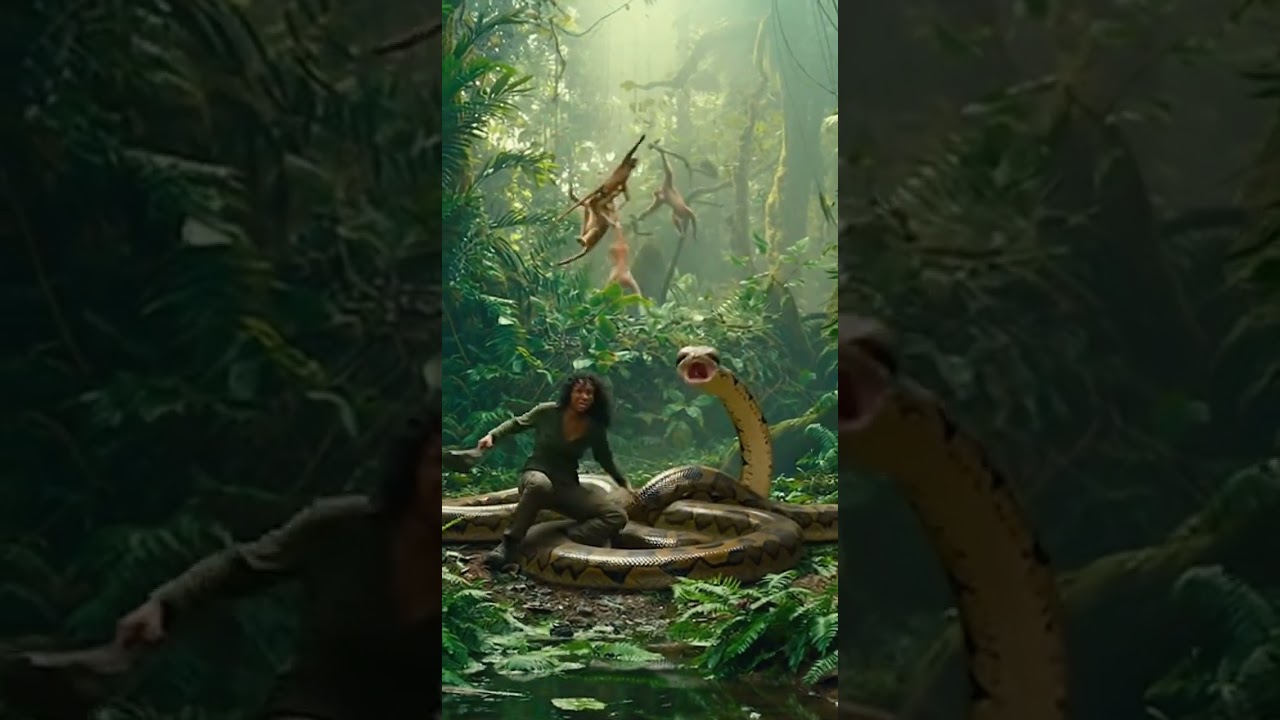 Could you stay calm here?🥺Giant python attacks a woman  but monkeys swing branches to distract it