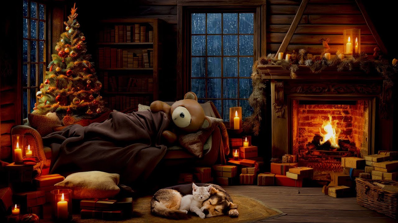 Christmas Rain and Crackling Fire in Cozy Room for Sleep, Relax, and Meditation
