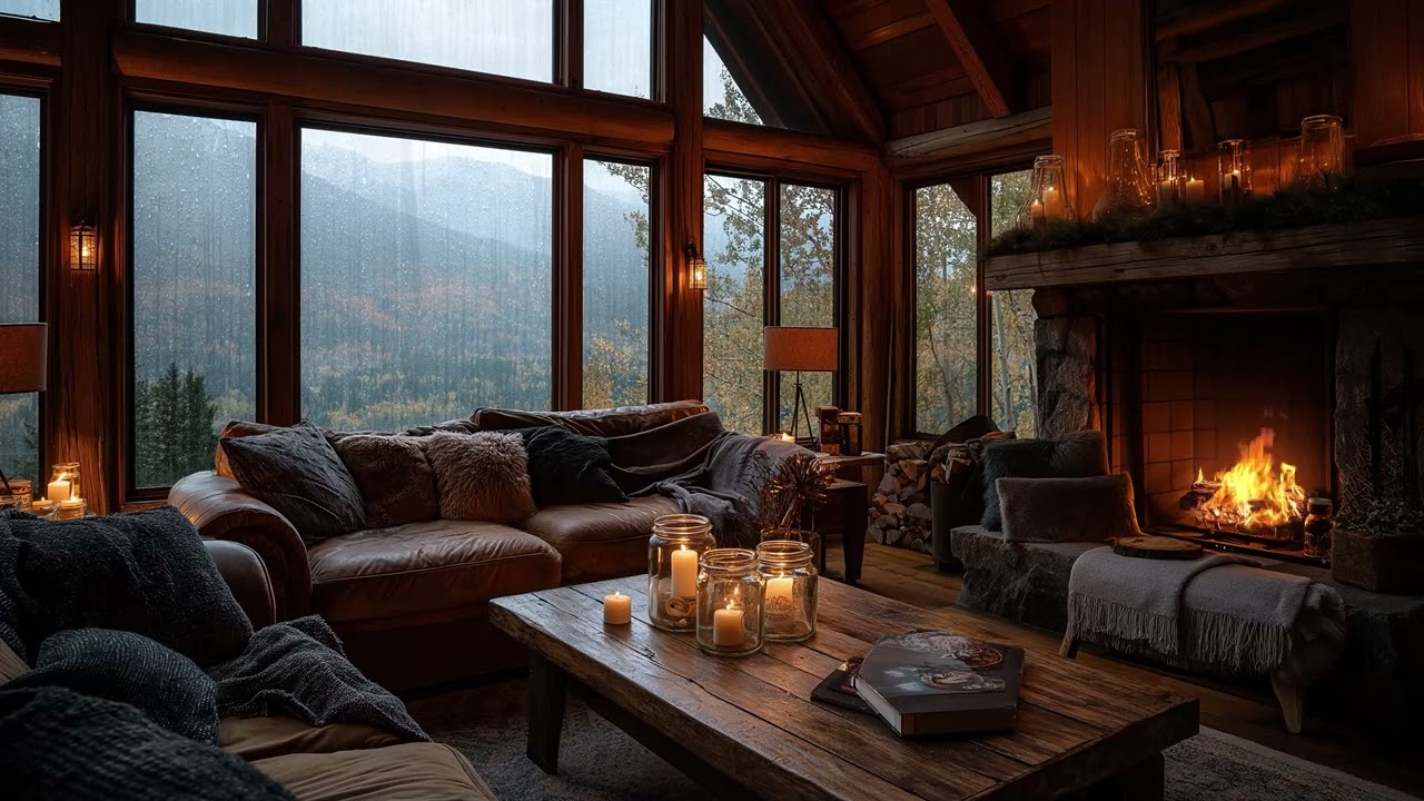 Heavy Rain by the fireplace cabin