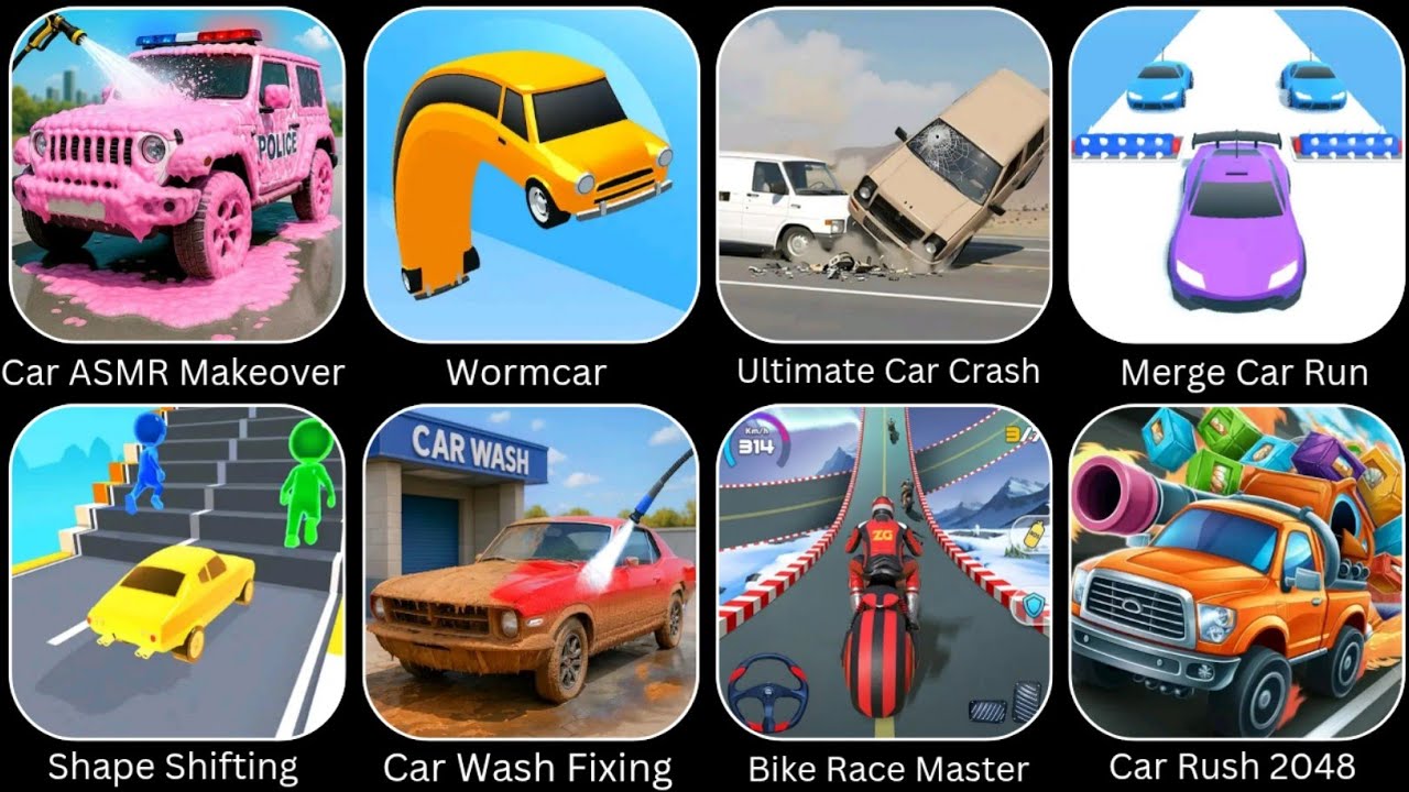 Ultimate Car Crash, Bike Race Master, Merge Car Run, Shape Shifting, Car Rush 2048, Car Wash Fixing 