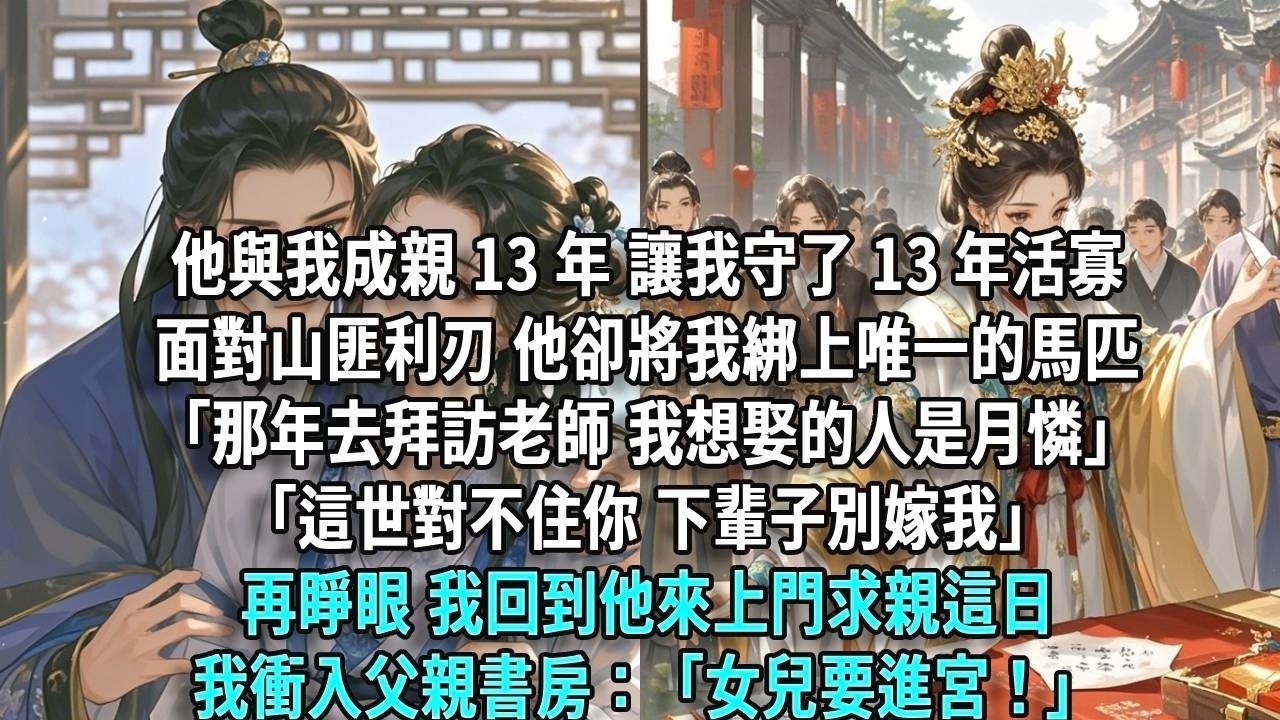 他與我成親 13 年，讓我守了 13 年活寡。面對山匪利刃，他卻將我綁上唯一的馬匹。「那年去拜訪老師，我想娶的人是月憐。」「這世對不住你，下輩子別嫁我。」再睜眼，我回到他來上門求親這日，我衝入父