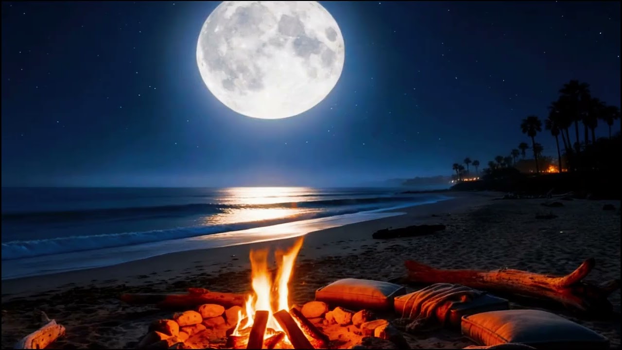 Moonlit Ocean Waves & Warm Fire | Drift into Deep, Peaceful Sleep 🌊🔥