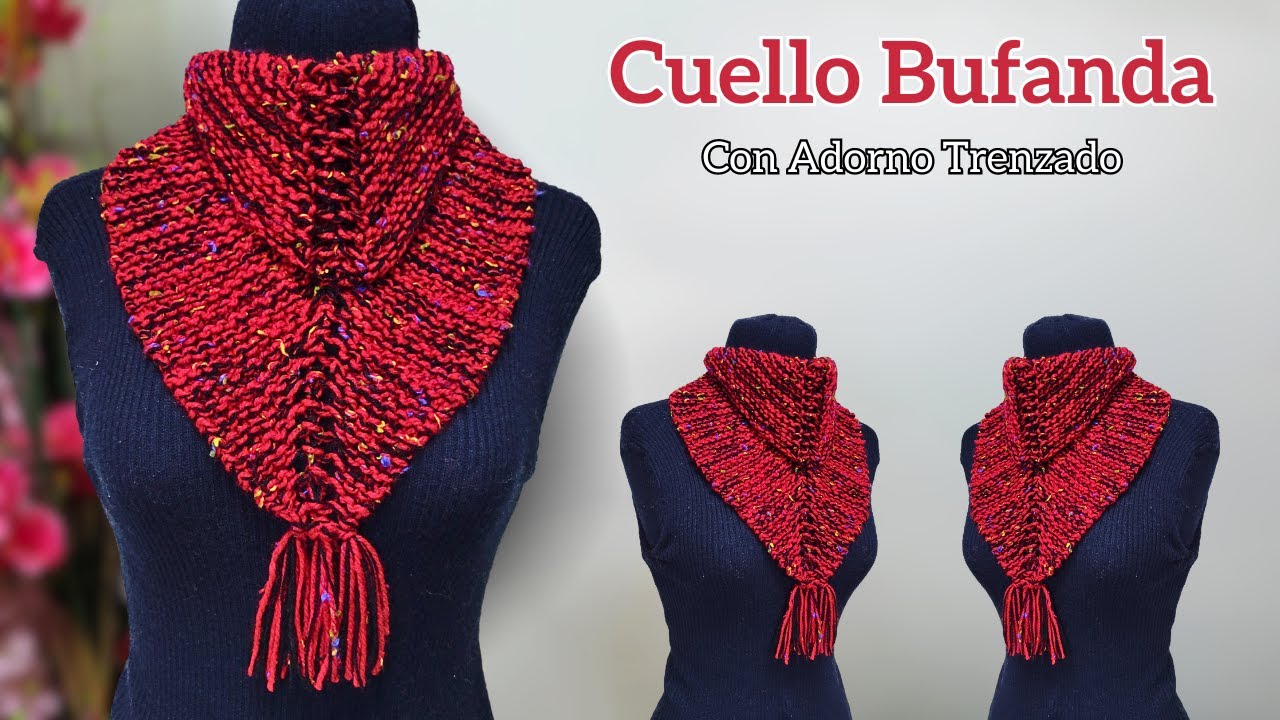 Cuello Bufanda Mujer a Dos Agujas con Punto Musgo y Lazada diseño Trenzado Bicolor | Vivirtejiendo