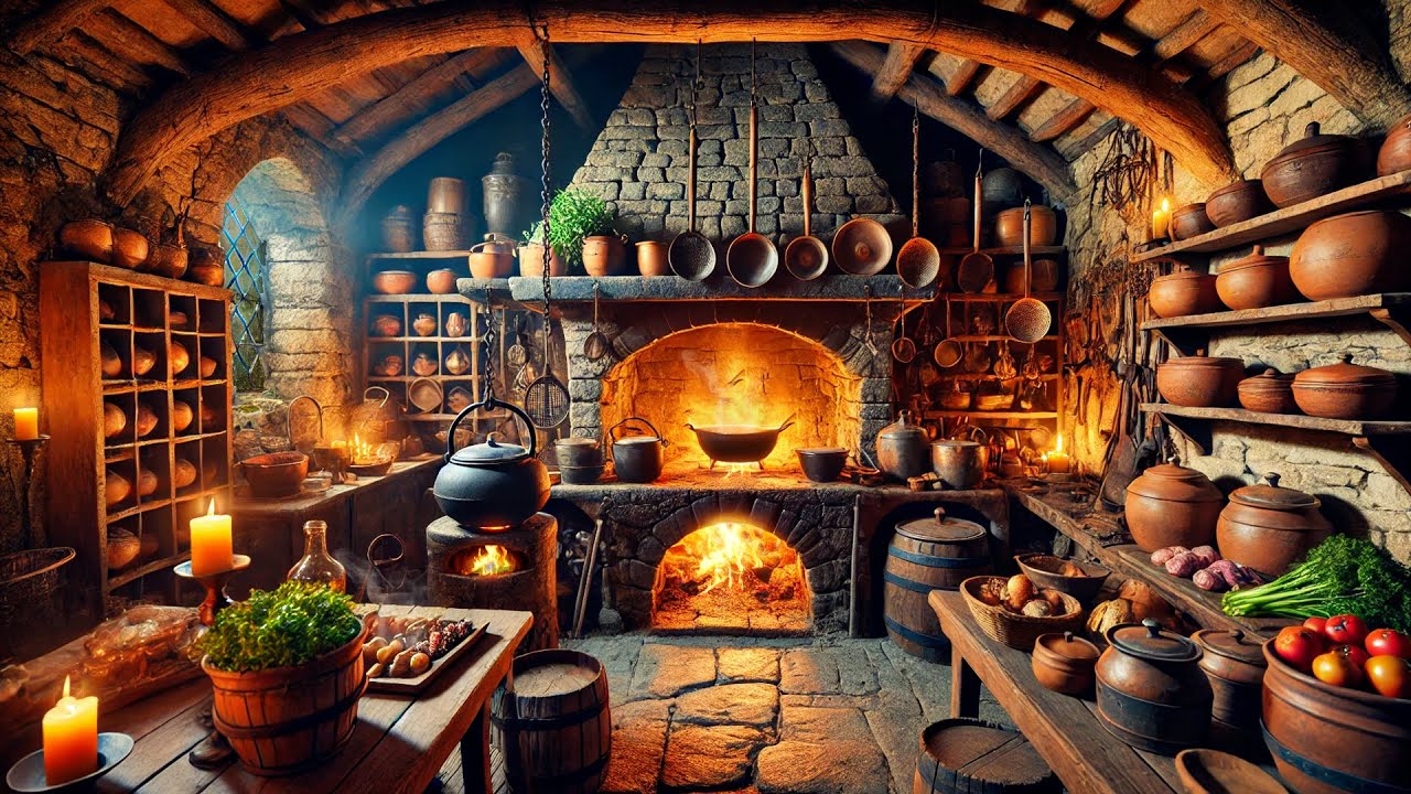 Medieval Kitchen - ASMR Ambience with Rain Sound, Fireplace  - 8 Hours