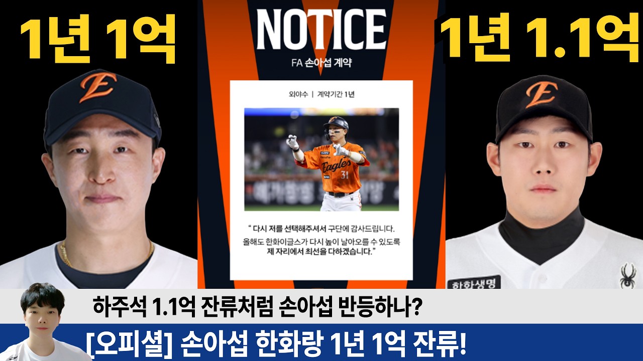 [오피셜] 손아섭 한화 1년 1억에 계약!  하주석의 1.1억 보다 낮은 금액이지만 레전드 대우 해준 한화! #한화이글스 #이글스tv