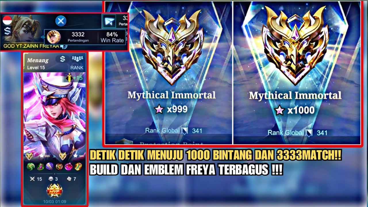 DETIK DETIK 1000 BINTANG DAN 3333 MATCH FREYA!!!BUILD DAN EMBLEM TERBAGUS FREYA GOLD LANE!!!