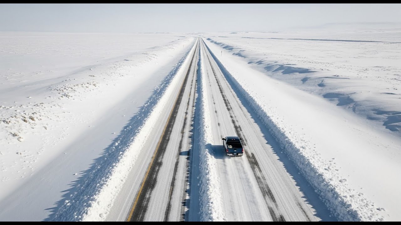 Where the Highway Meets the Snow Covered Prairie Fields Under Wide‑Open Winter Skies ❄️