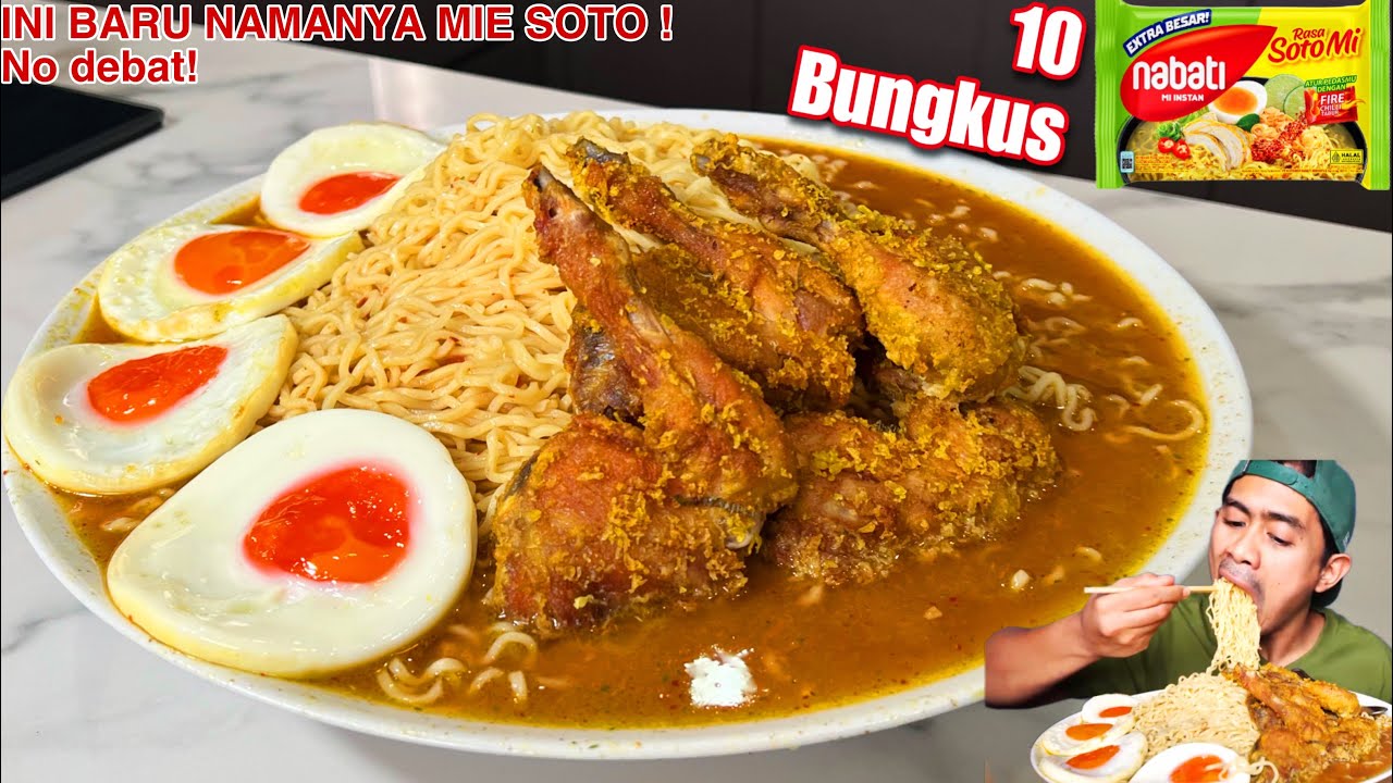 MUKBANG 10 BUNGKUS MIE NABATI RASA SOTO PAKE  5 AYAM DAN 4 TELUR.