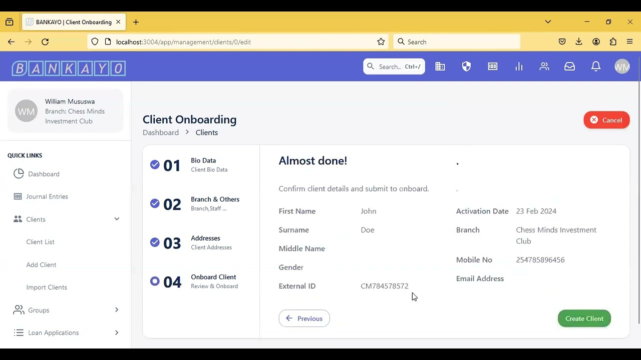 On-boarding a client using BANKAYO UI for Fineract