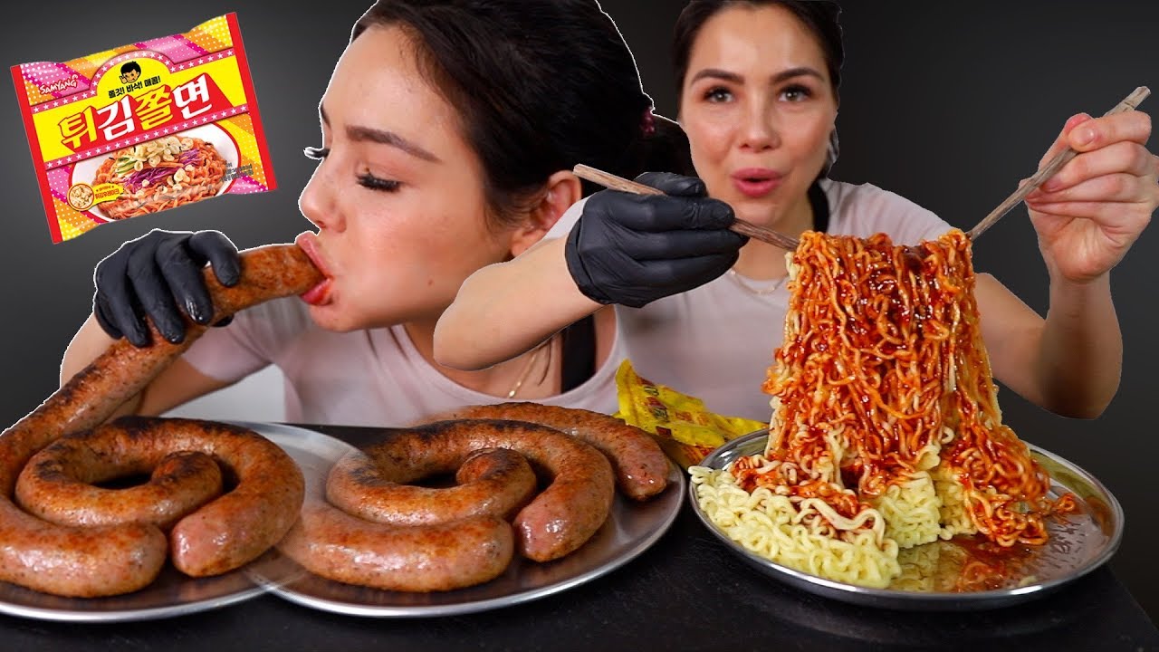 super long sausage & new spicy fire cold noodles 먹방 mukbang 튀김쫄면 통편육 big bites