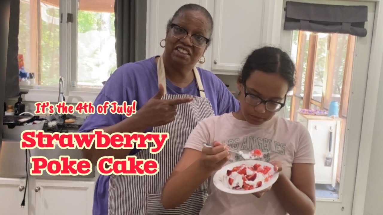 Strawberry Poke Cake for our 4th of July menu